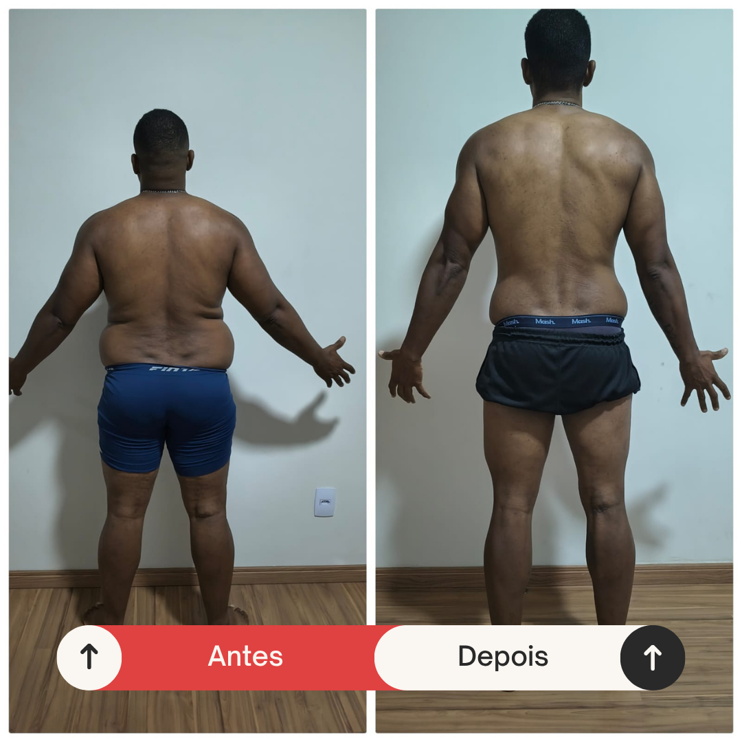 Antes e depois — transformação de aluno, vista posterior