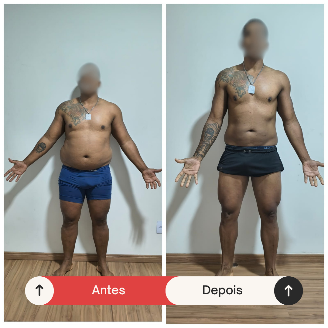 Antes e depois — transformação de aluno, vista frontal