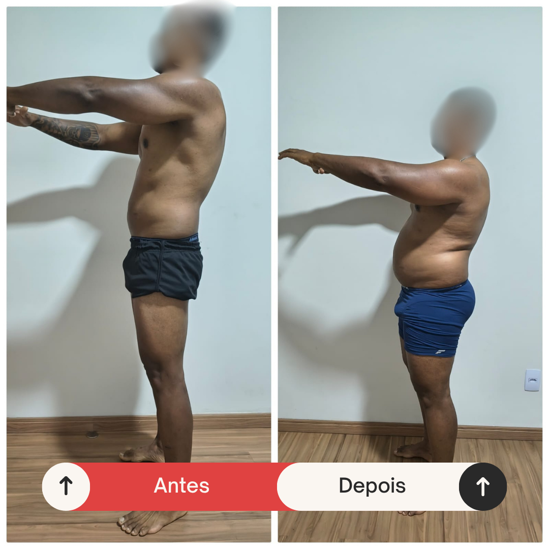 Antes e depois — transformação de aluno, vista lateral